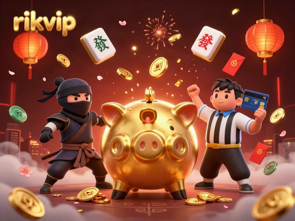 Engage with the vibrant energy of rikvip through a dynamic 3D casino scene featuring unique characters and festive elements.