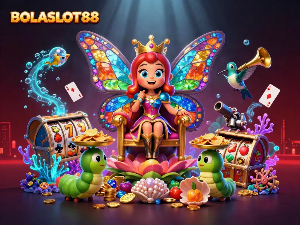 BOLASLOT88 casino scene showcasing a colorful butterfly queen and slot symbols amidst gold and gems