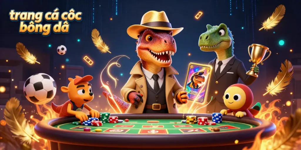 Engage with trang cá cược bóng đá featuring a velociraptor card counter and stegosaurus pit boss in a rich casino scene.