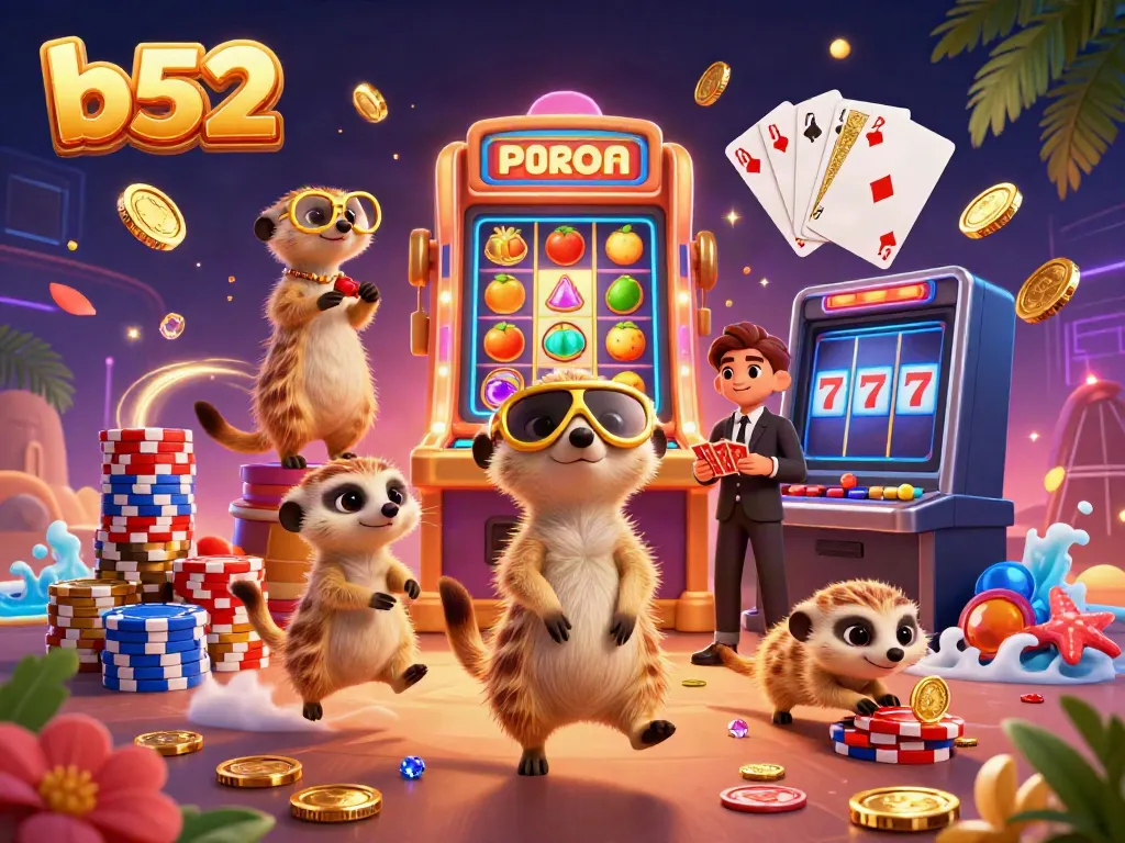 Watch meerkats run the vibrant b52 casino with slot machines and poker chips in action.