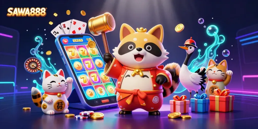 Join the fun at SAWA888 with a vibrant casino scene featuring lucky symbols and game excitement.