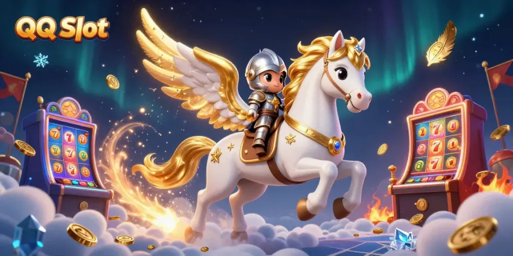 Experience the thrill of QQ Slot with exciting slot reels and an armored knight character in a magical 3D scene.