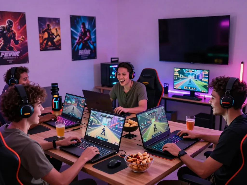 Engaging kilat404 gaming scene featuring players enjoying multiplayer games in a lively environment with modern technology.