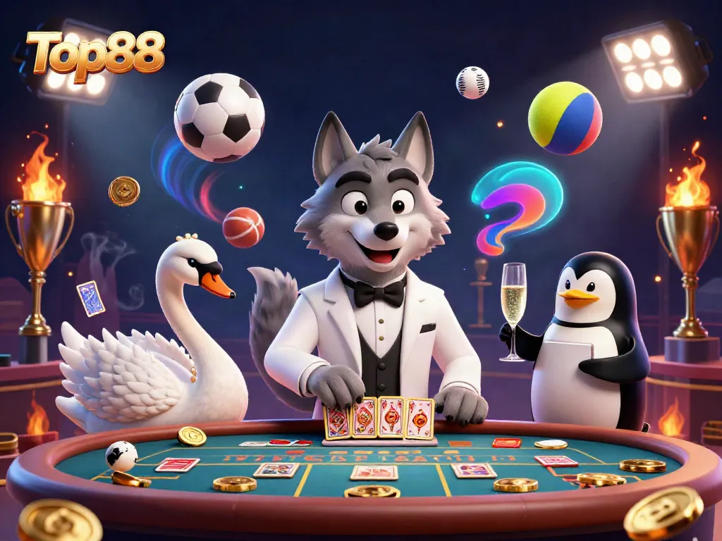 Play your favorite casino games with Top88 in an elegant 3D setting featuring vibrant characters.