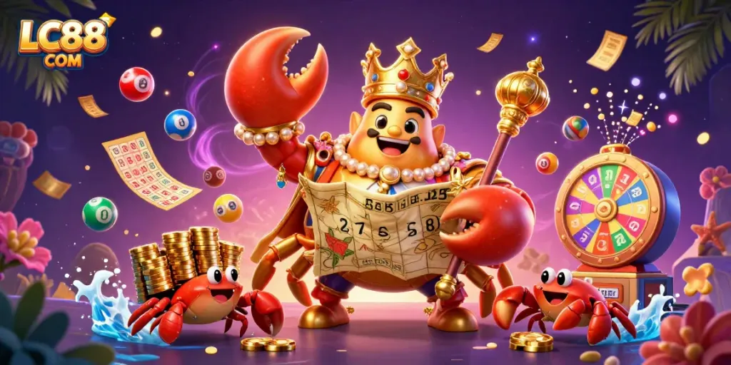 Experience thrilling gaming adventures with LC88 COM, featuring a majestic golden crab emanating wealth and excitement.