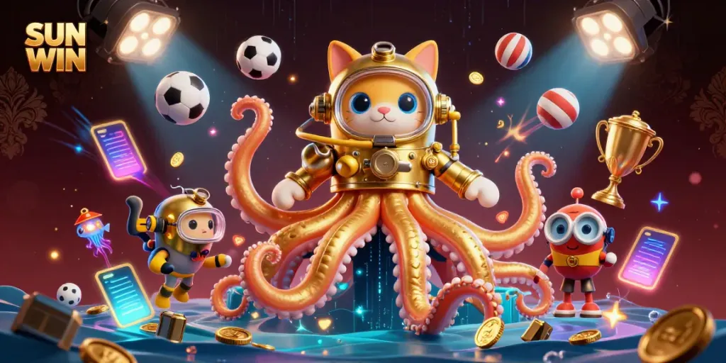Experience thrilling gameplay with SUN WIN as the kraken and diving cat create an exciting scene.