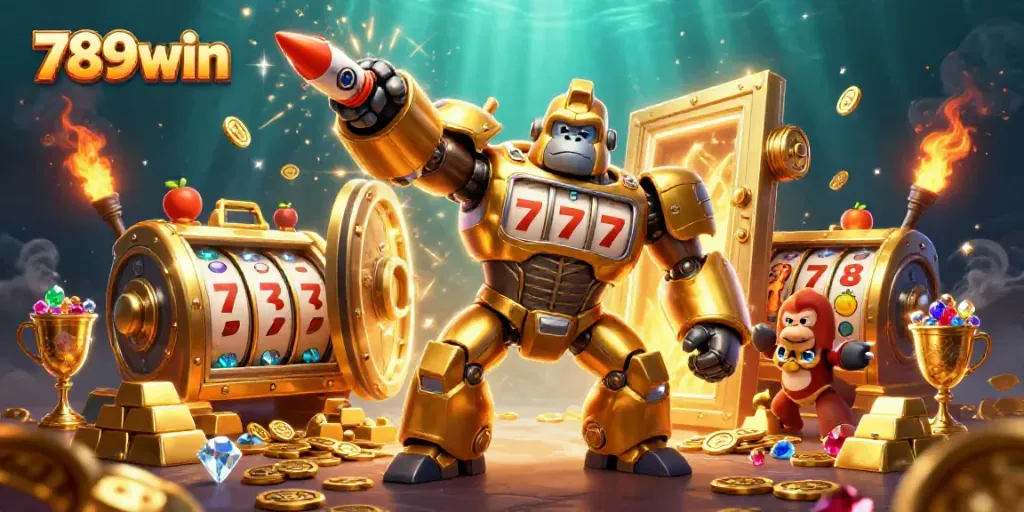 Experience the excitement of 789win with a dynamic golden gorilla mech surrounded by treasure and jackpots.