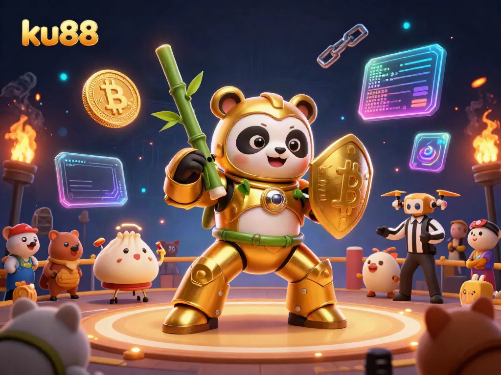 Experience excitement with ku88 as a golden panda battles in a vibrant cockfighting arena, surrounded by digital assets.