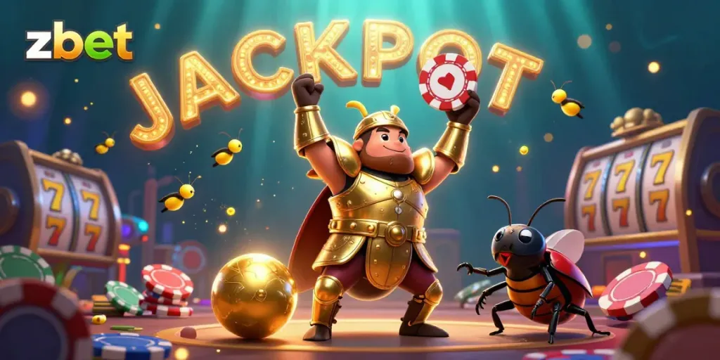 Zbet players celebrate a jackpot win with a vibrant 3D casino scene featuring a hercules beetle and colorful slot machines.