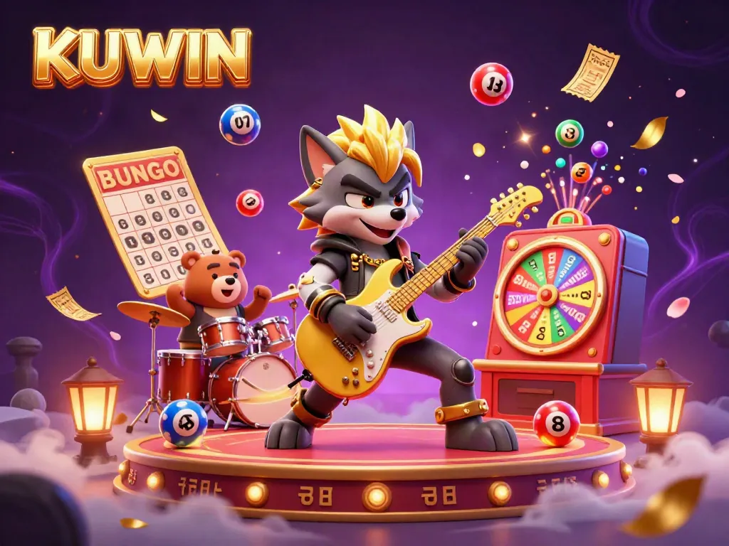 Engage with KUWIN's vibrant casino experience, featuring dynamic elements from lottery balls to golden treasures.
