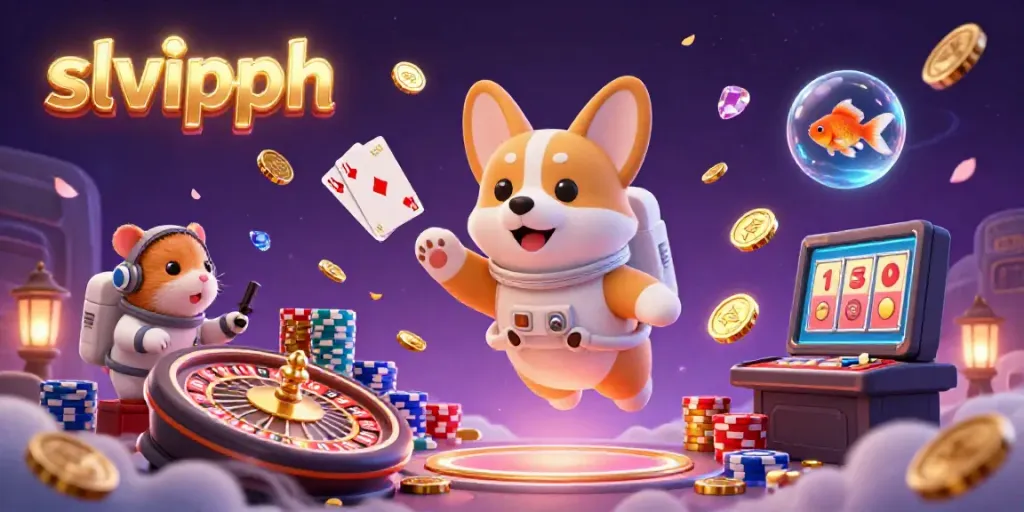 Experience the excitement of slvipph with a vibrant 3D casino scene featuring floating characters and dazzling casino elements.