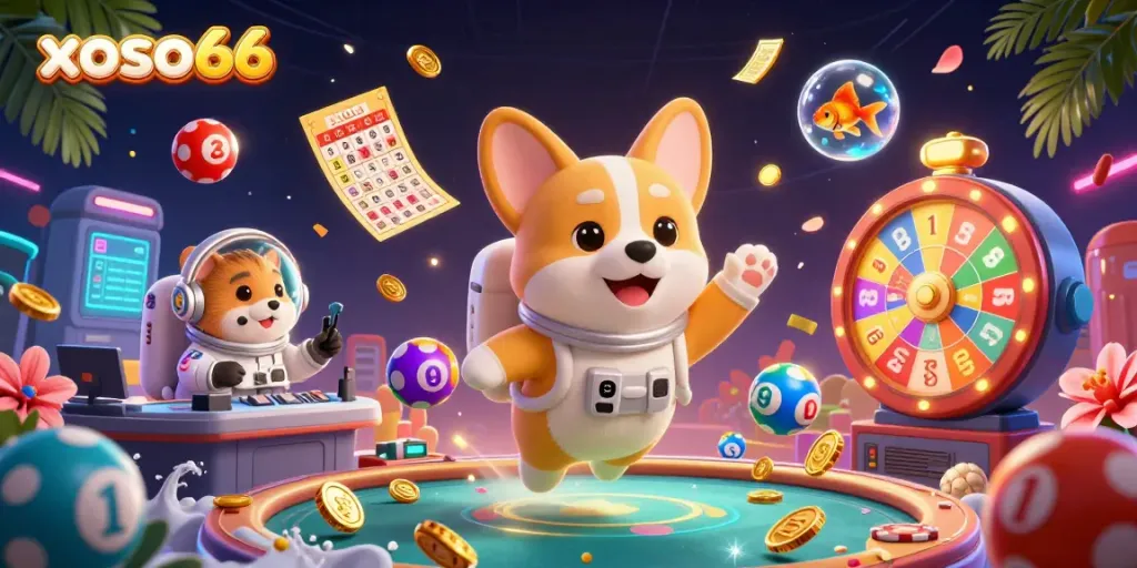 Engage in thrilling lottery fun with xoso66 as a corgi astronaut plays among digital lottery elements.