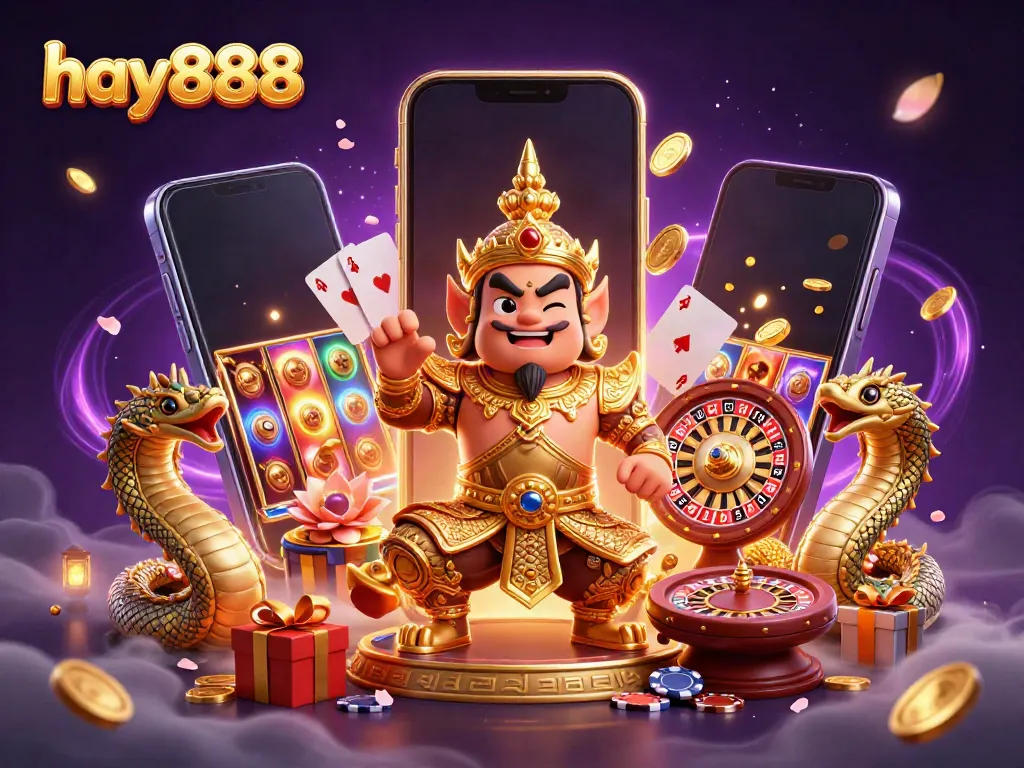 Play engaging casino games at hay888 with a vibrant, colorful 3D illustration of a Thai temple guardian and casino elements.
