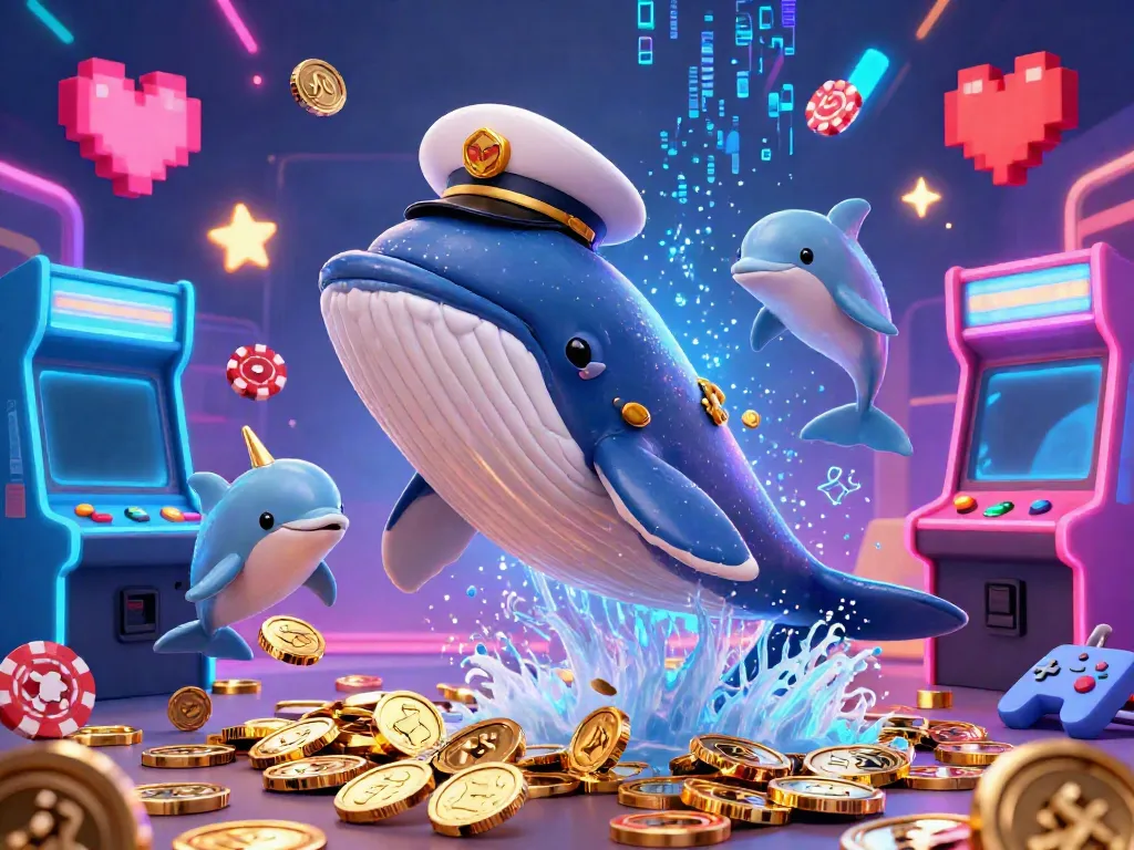 Engage with Luck8 excitement as a cartoon whale and friends swim through coins in a vibrant casino setting.