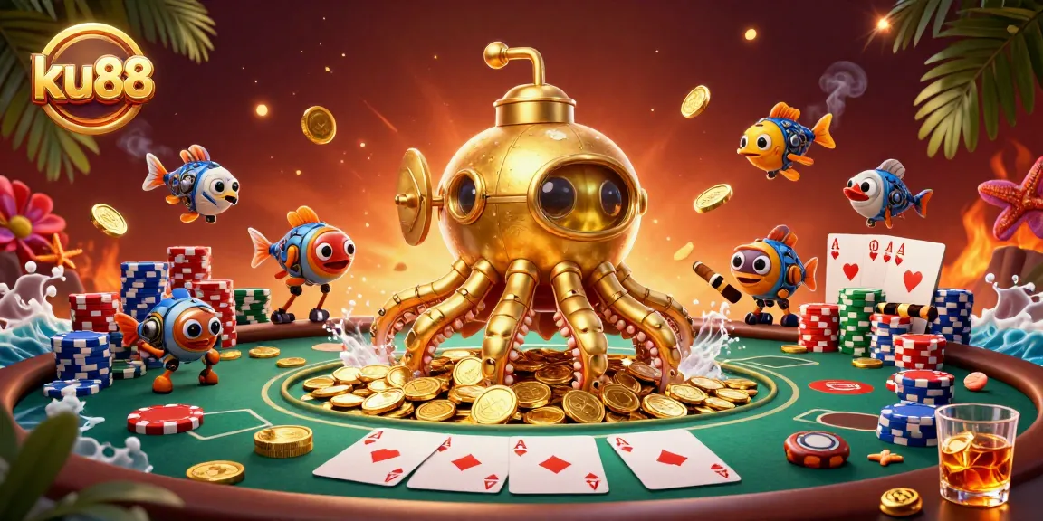 Engage with ku88's vibrant 3D casino scene featuring a golden kraken submarine and poker elements.