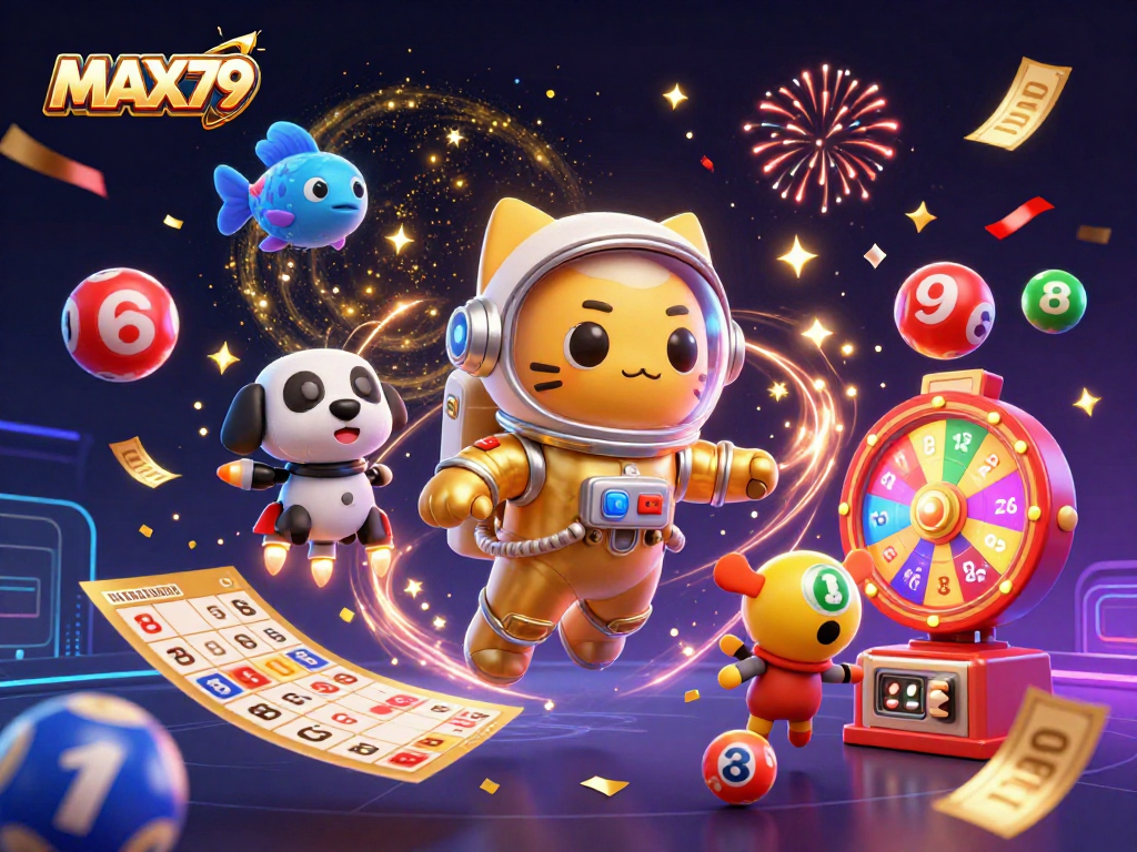Experience exciting gameplay at MAX79 with our vibrant space-themed casino illustration showcasing unique elements.