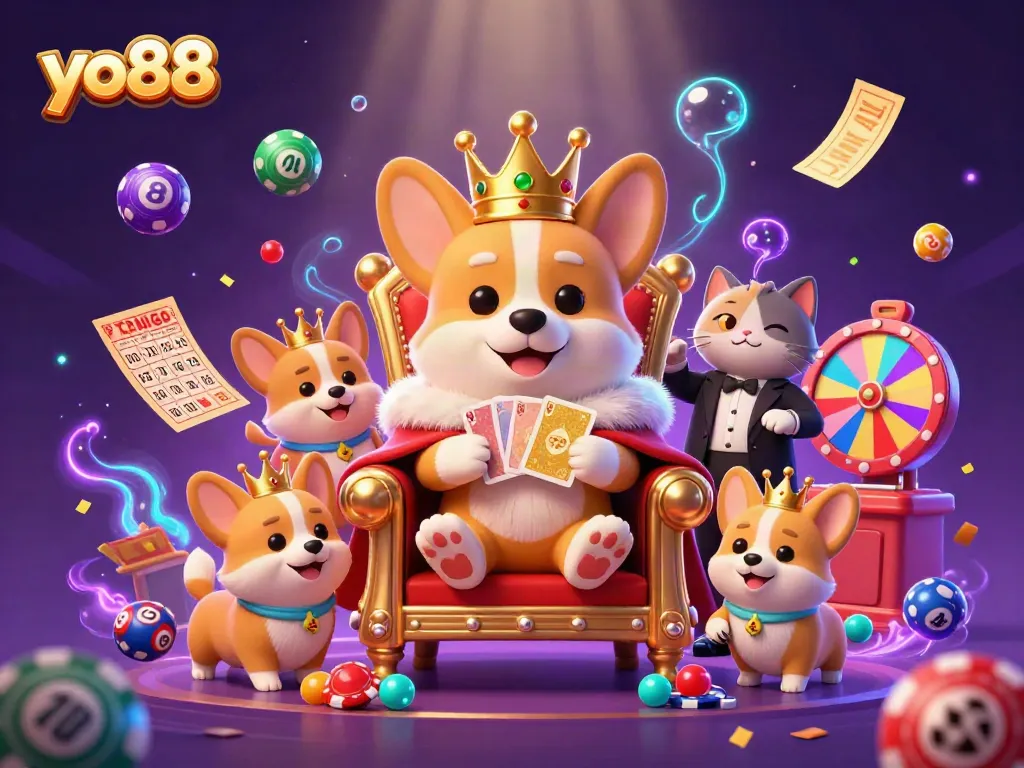 Experience thrilling gameplay at yo88 with an enchanting 3D illustration featuring royal corgi characters among vibrant casino elements.