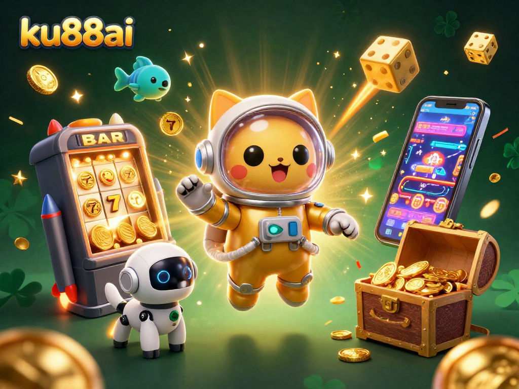 ku88ai showcases a thrilling jackpot explosion with astronaut cat and robot dog in a cosmic casino adventure.