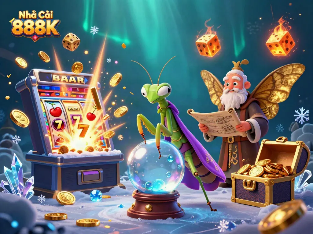 Experience thrilling slots and jackpots at Nhà Cái 888K with vibrant casino-themed illustration featuring fortune tellers and 3D games.