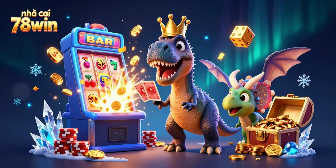 Witness the excitement at nhà cái 78win with a playful T-Rex shuffling cards amidst a jackpot explosion.