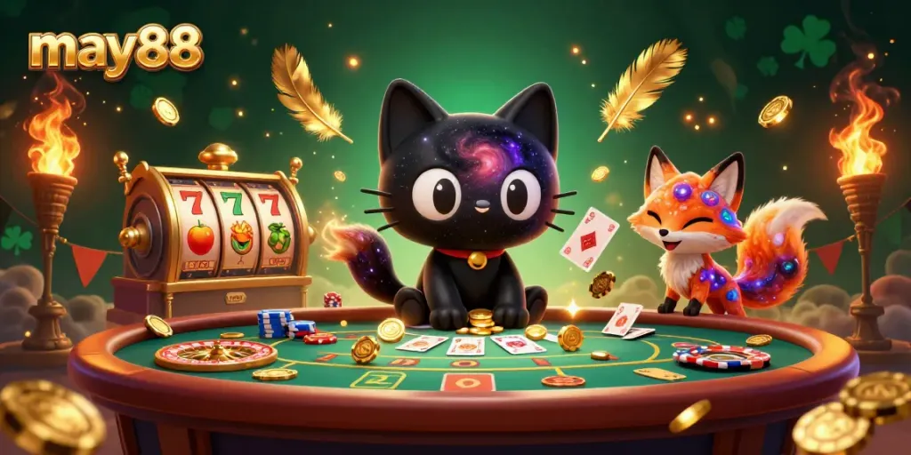 Engage with may88's vibrant cosmic casino featuring a black hole cat at a thrilling game table.
