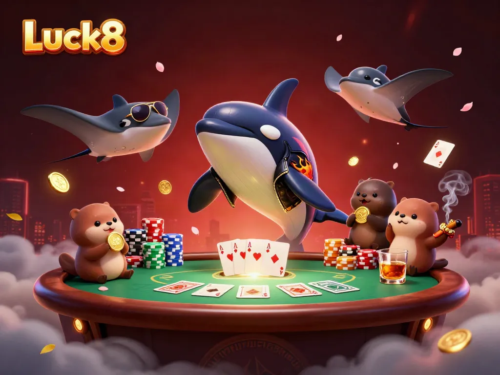 Experience Luck8 through dynamic gaming moments, with cartoon characters celebrating at a poker table.