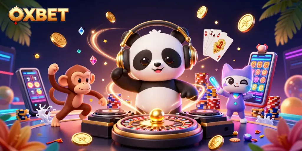 Experience the excitement of OXBET with vibrant casino characters and dynamic gaming elements.
