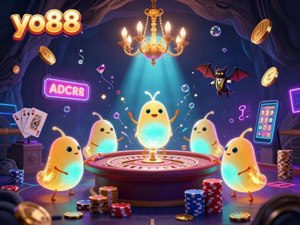 Experience the thrill of yo88 in a vibrant cave casino, illuminated by glowing glowworms and sparkling gems.