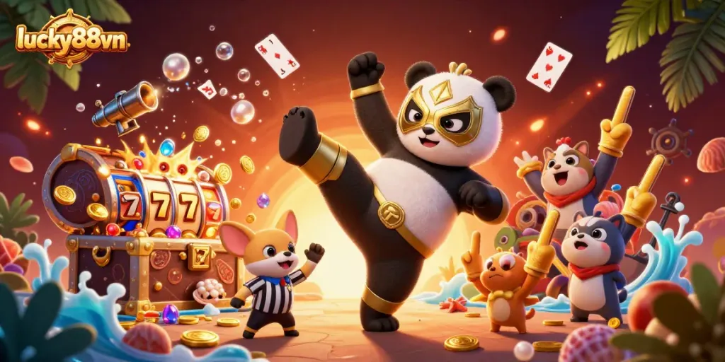 Engaging scene of lucky88vn with a wrestling panda, lively crowd, and colorful casino elements.