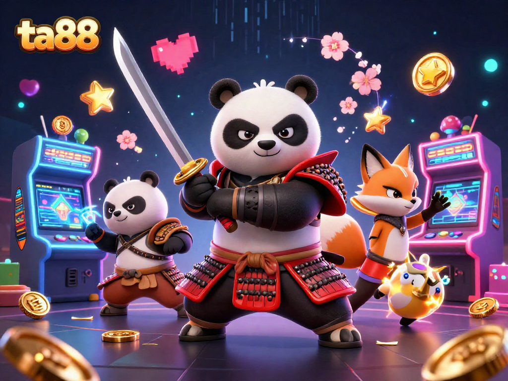 ta88 showcases a samurai panda and ninja fox in a vibrant casino arcade scene.