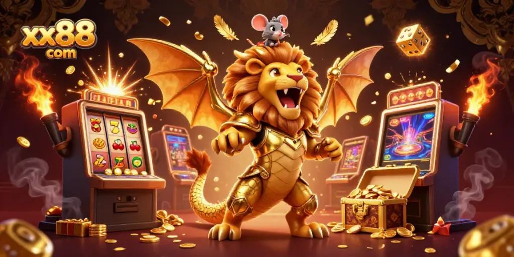 Spin the reels on xx88 com to win big with a vibrant casino-themed scene filled with action.