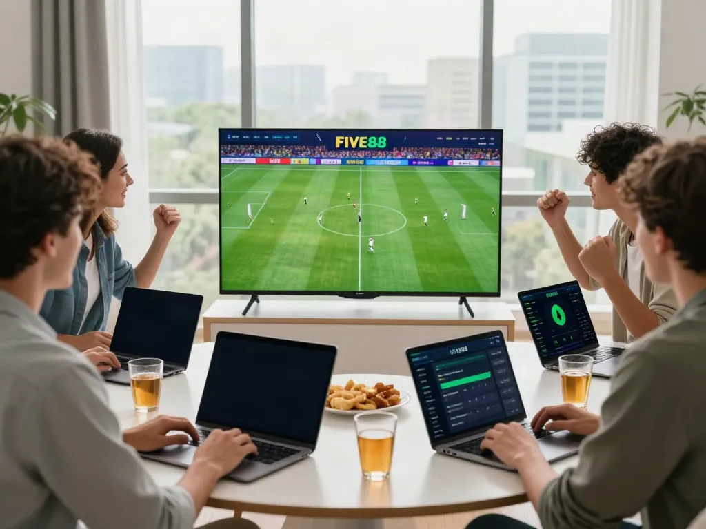 Friends enjoying live sports betting on FIVE88 with excitement and engagement.