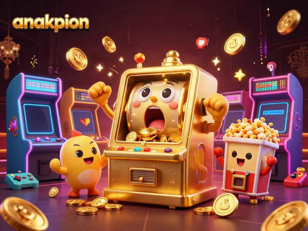 Anakpion slot machine celebrates a jackpot, surrounded by cheering baby slots and arcade elements, full of excitement.