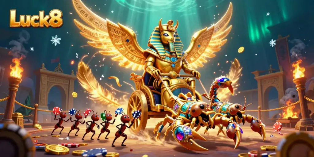 Experience exciting gameplay at Luck8 with golden beetles, scorpions, and vibrant casino scenes.