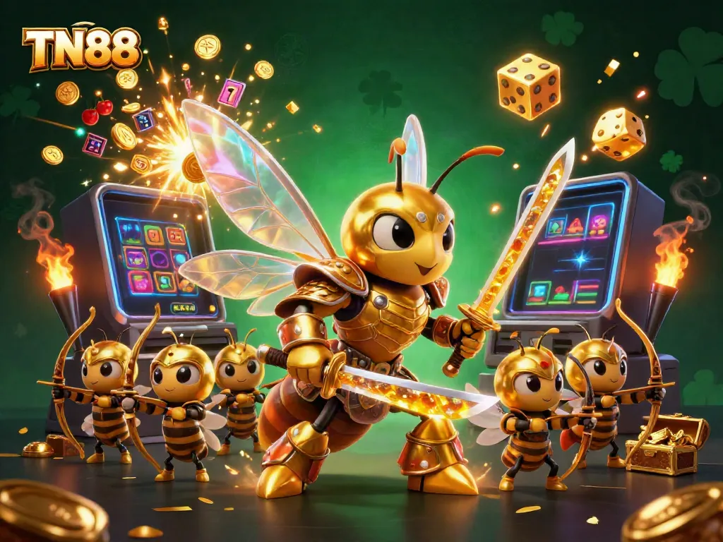 Gamblers engage with vibrant TN88 slot machines and festive casino elements in a dynamic 3D scene.