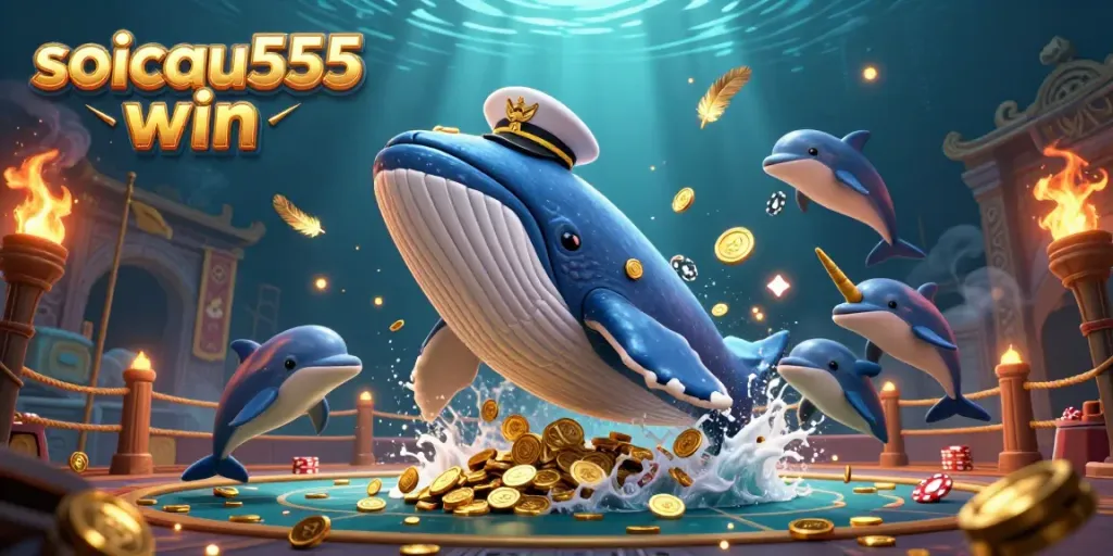 Engage in thrilling gambling action with soicau555 win, featuring animated sea creatures among coins.