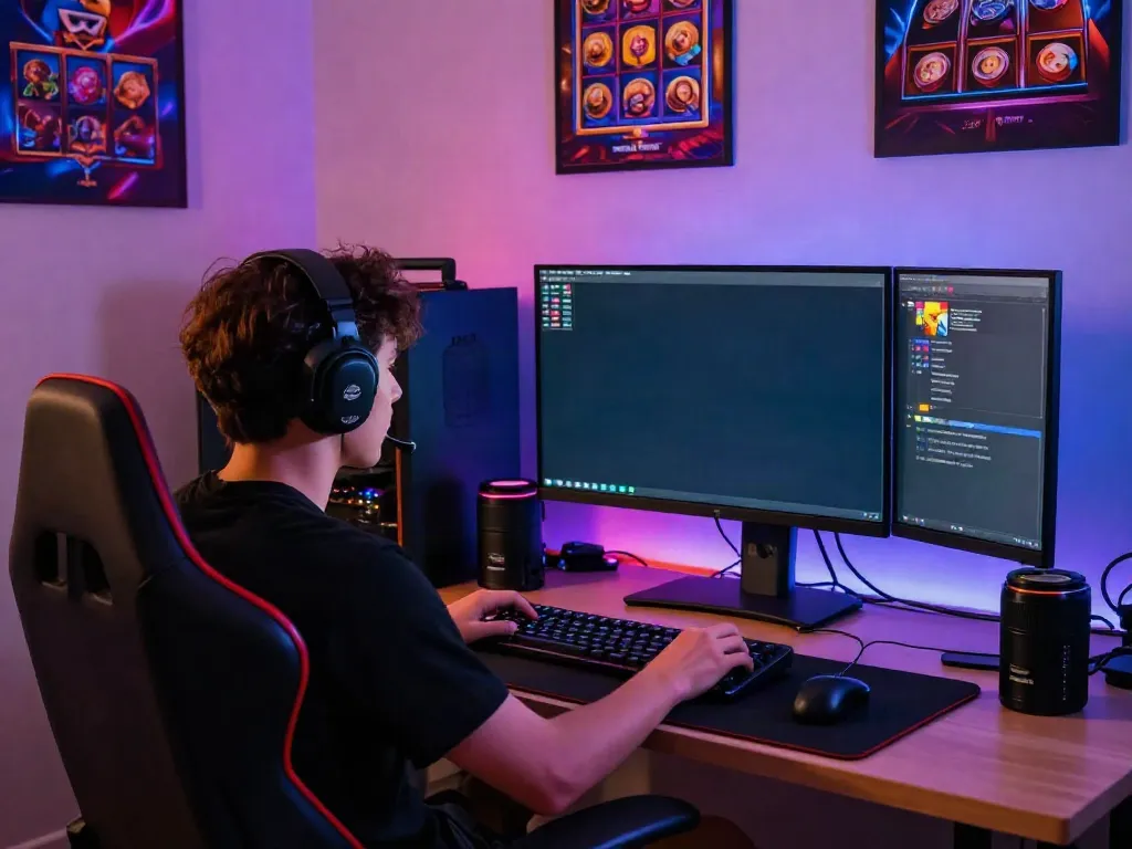 User engaging with situs slot gacor games in a vibrant online gaming setup.