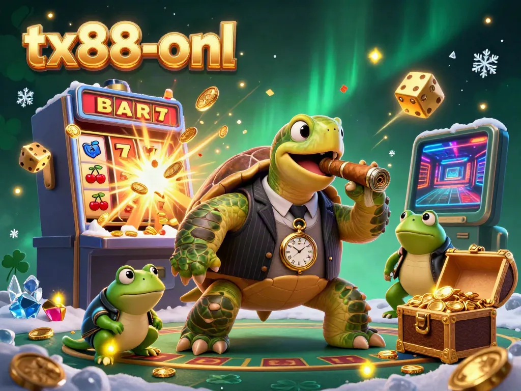 Experience the excitement of tx88-onl as you join a lively casino scene with a snapping turtle and bullfrogs celebrating a jackpot.