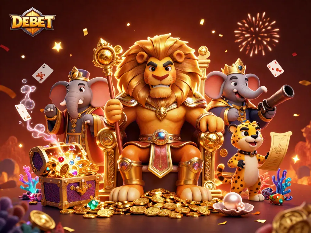 Experience thrilling action at DEBET with the lion king on a treasure-filled throne.