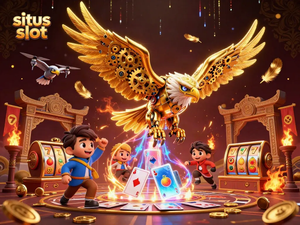 Situs slot illustration showing a cybernetic eagle flying through cards with jackpots and glowing neon effects.