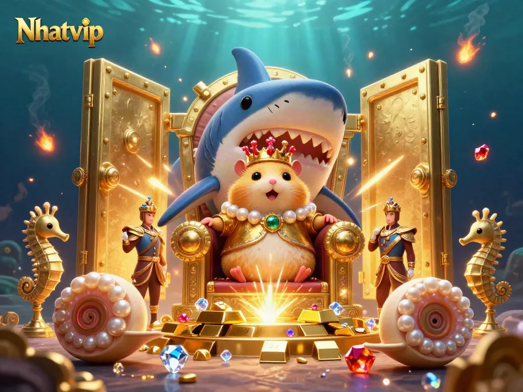 Nhatvip's fierce hamster king ruling the treasure-filled underwater kingdom in a lively gambling illustration.