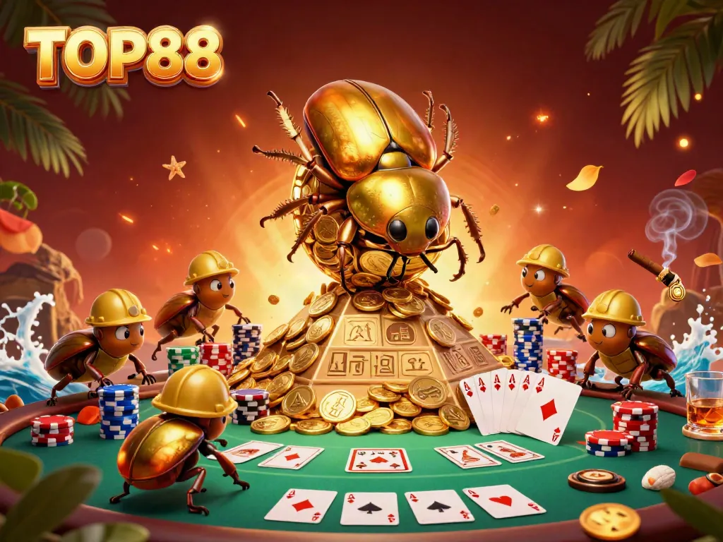 Engage in thrilling gameplay with TOP88, featuring a golden beetle rolling coins amid vibrant casino elements.