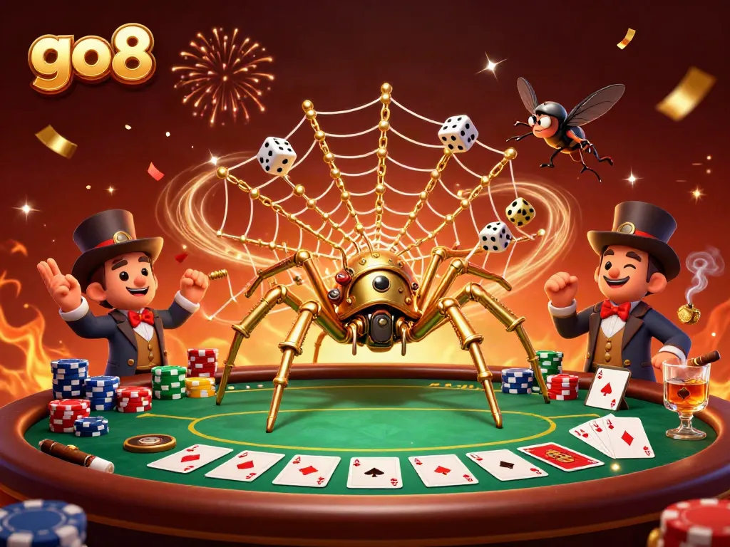 Experience the thrill of go8 with a steampunk spider catching dice in a lively casino scene.