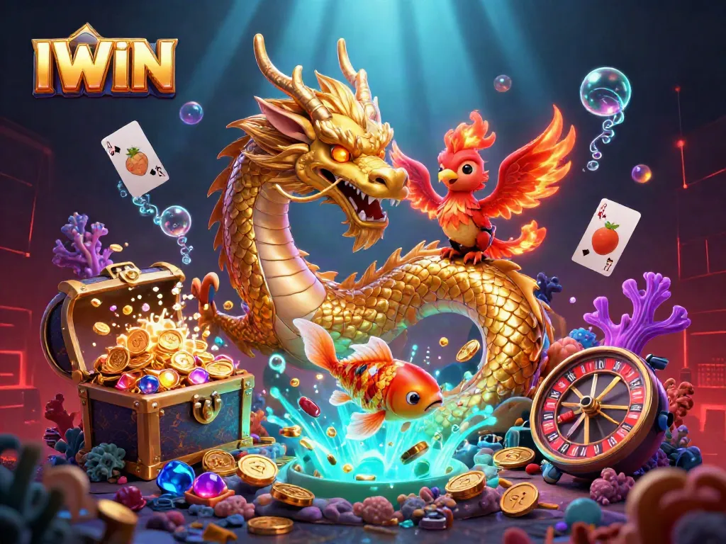 IWIN illustrates a fierce dragon, phoenix, and koi fish celebrating a jackpot amidst vibrant casino elements.