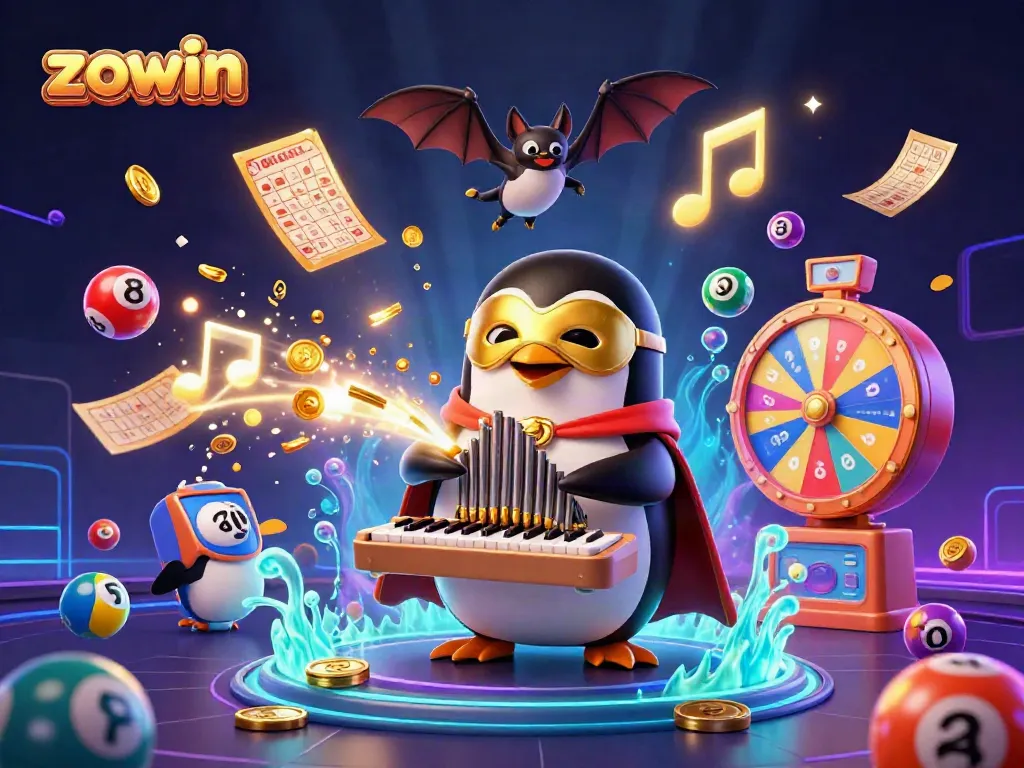 Zowin's cartoon penguin plays a golden organ amidst confetti-like lottery balls and gold coins, showcasing vibrant gambling excitement.