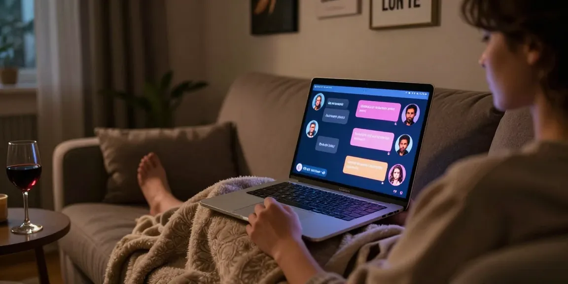 Engaging in a porn ai chat on a laptop in a cozy room, warm lighting, colorful avatars.