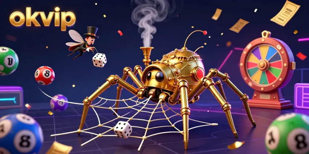 Experience the excitement of okvip with a 3D steampunk spider in a vibrant gaming web.