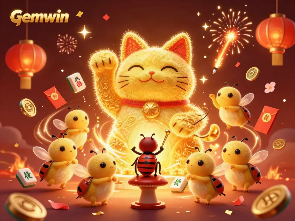 Experience Gemwin's vibrant gaming world with energetic lucky symbols and festive fireworks.