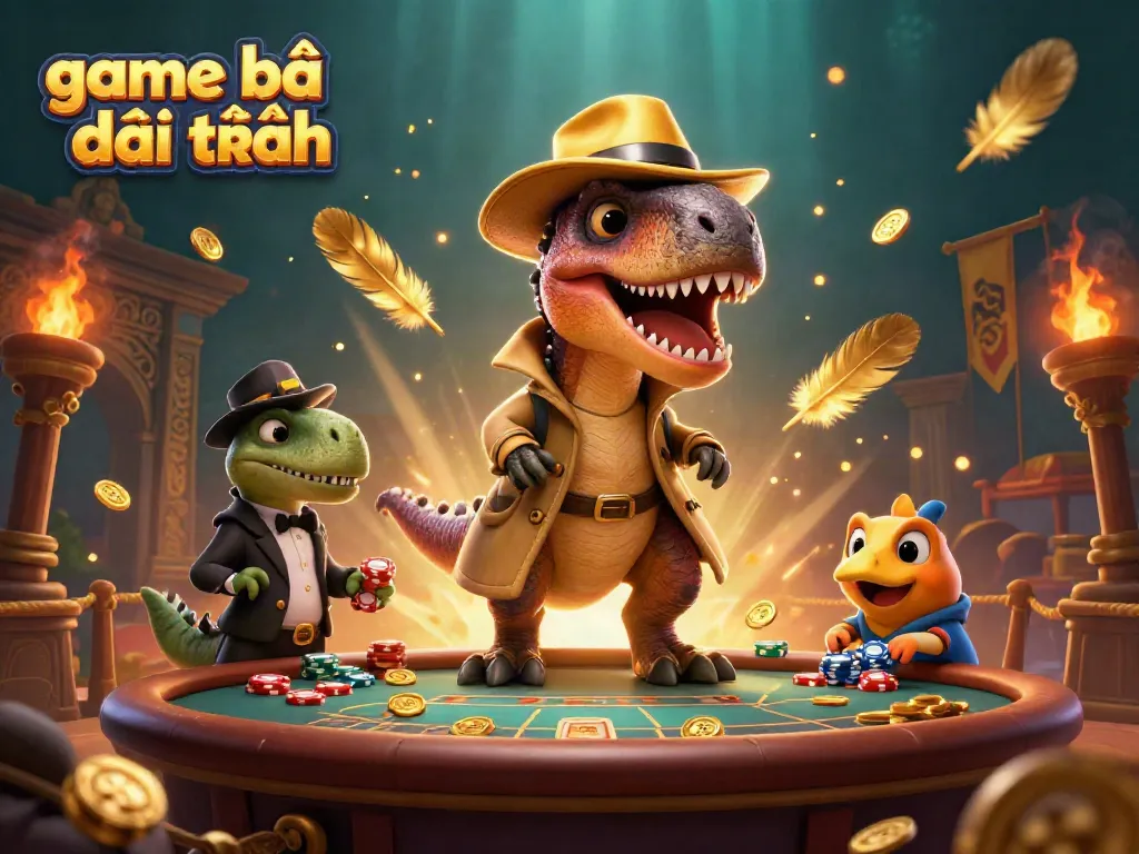 Engage in game bài đổi thưởng at a vibrant casino scene featuring a playful velociraptor and friends.
