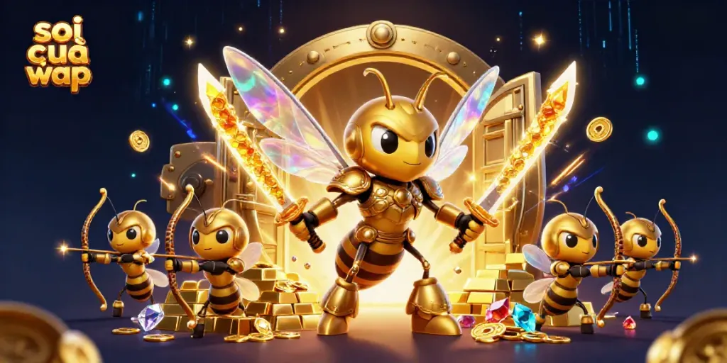 Engaging 3D scene showcasing soi cầu wap with a golden hornet warrior and treasure elements, perfect for lottery enthusiasts.